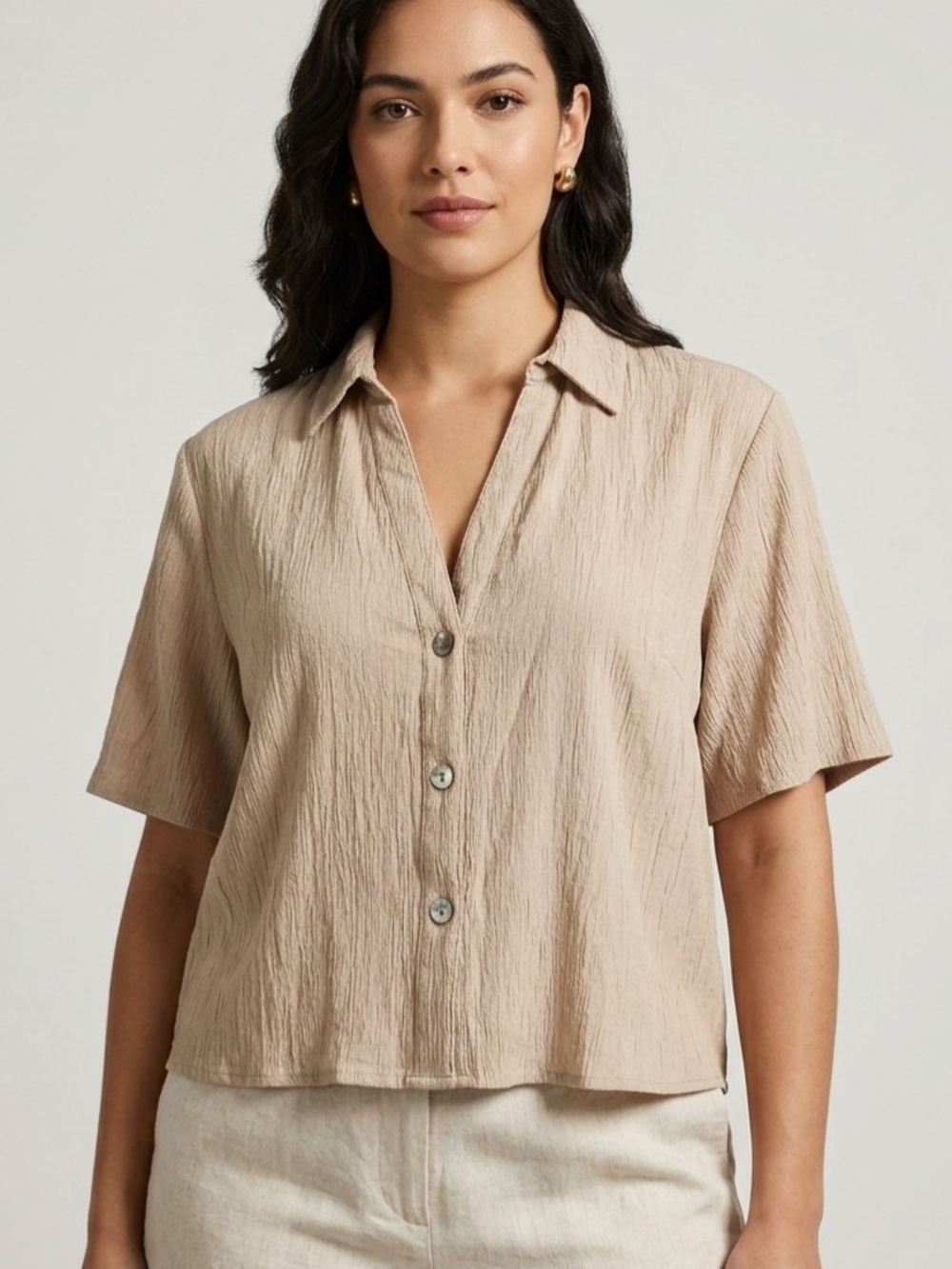 Textured Short-Sleeve Button Front Top in Beige